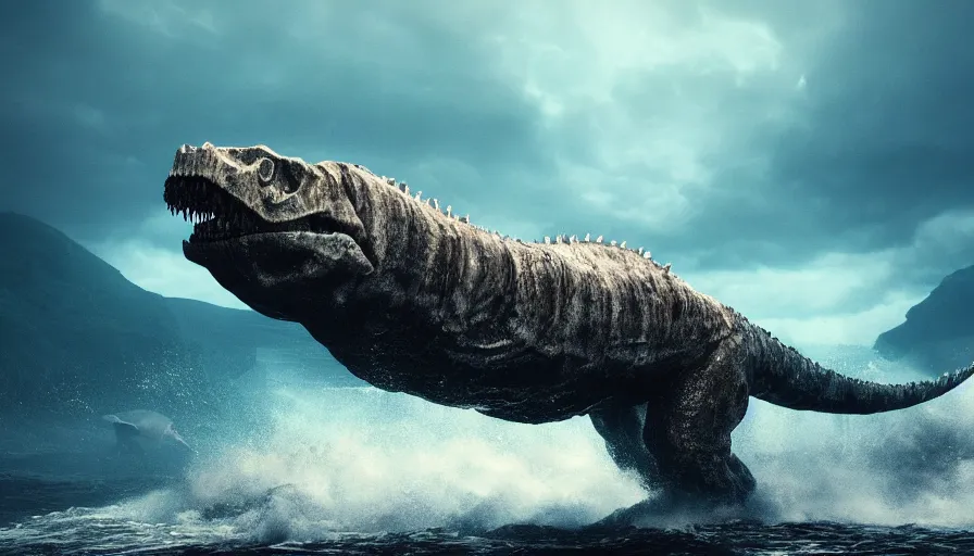 Prompt: a prehistoric monster emerges out of the ocean, waves and volumetric lighting, heavy rain, atmospheric, high resolution, rendering, octane, redshift