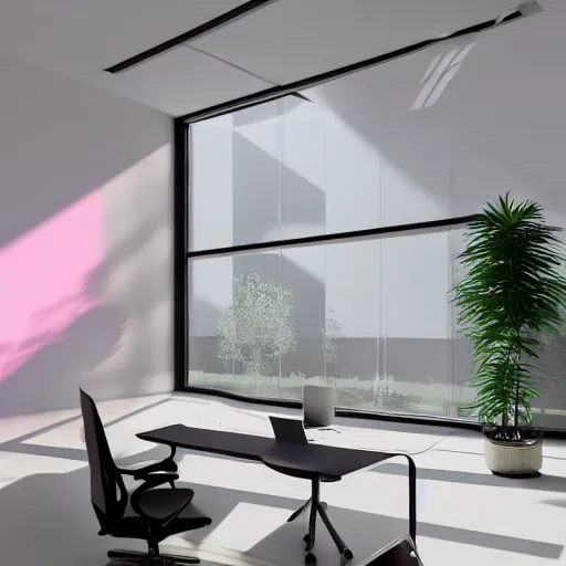 Image similar to a white empty pink office with sun rays looming down, with a pool inside, dynamic lighting, photorealistic concept art, trending on art station, stunning visuals, creative, cinematic, ultra detailed, ray tracing