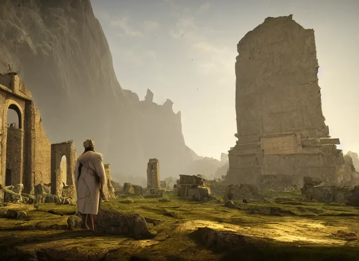 Image similar to a land of ruins of lost civilization with a fort in the middle, golden pillars, water tunnels below and a time gate to another dimension, a wounded man wearing a white robe standing watching over, dramatic lighting, dawn, by caspar david friedrich, unreal engine 5