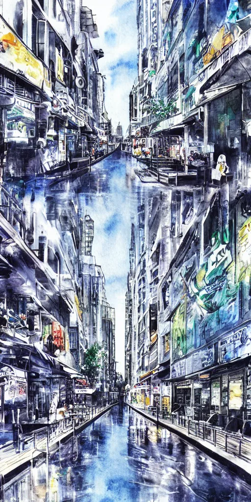 Prompt: hyper realistic manga city water color