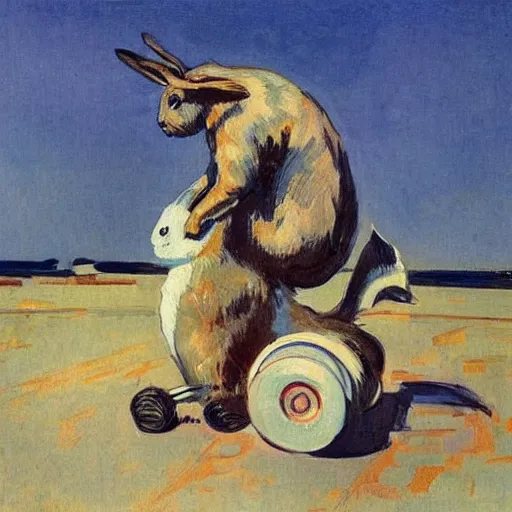 Prompt: panic attack rabbit riding a rocket by joaquin sorolla