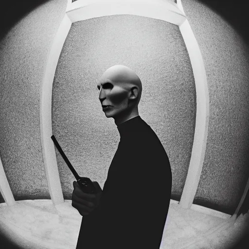 Image similar to voldemort smoking a cigarette fisheye lens