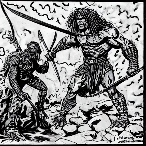 Prompt: Conan the Barbarian fighting Fishmen by a statue of Cthulu in a dark cave. D&D. Pen and ink. Black and white. Mike Mignola, Erol Otus, Larry Elmore.