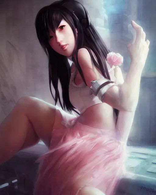 Image similar to tifa lockhart in pastel pink lace skirt, portrait, illustration, rim light, top light, perfectly shaded, soft painting, art by ross tran, krenz cushart and wenjun lin