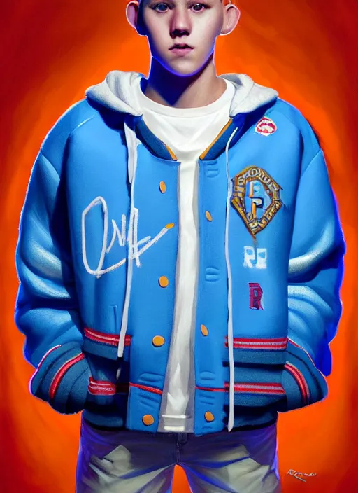 Image similar to portrait of high school senior boy named big moose, blonde short hair, jock, beefy, wide face, square jaw, square facial structure, blue varsity jacket with letter r, intricate, elegant, glowing lights, highly detailed, digital painting, artstation, concept art, sharp focus, illustration, art by wlop, mars ravelo and greg rutkowski