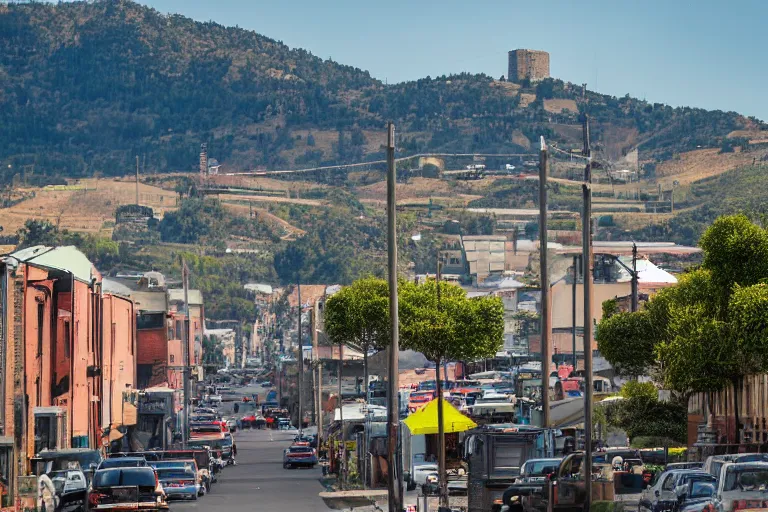 Image similar to looking down street, warehouses lining the street. hills background with trees and radio tower on top. telephoto lens compression.