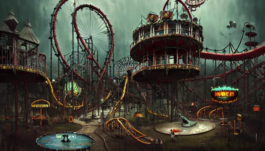 Image similar to michal karcz grunge painting of an amusement park, monster and horror theme. Monster-themed Frisbee ride, detailed, elegant, intricate, 4k,