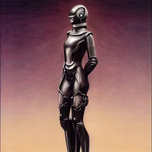 Image similar to full body portrait of beautiful gothic and futuristic fashion model, intriguing space armour, cyber armour, highly detailed, artstation, illustration, composition, 8 k quality, art by jean delville, rene magritte, hyperrealism oil painting