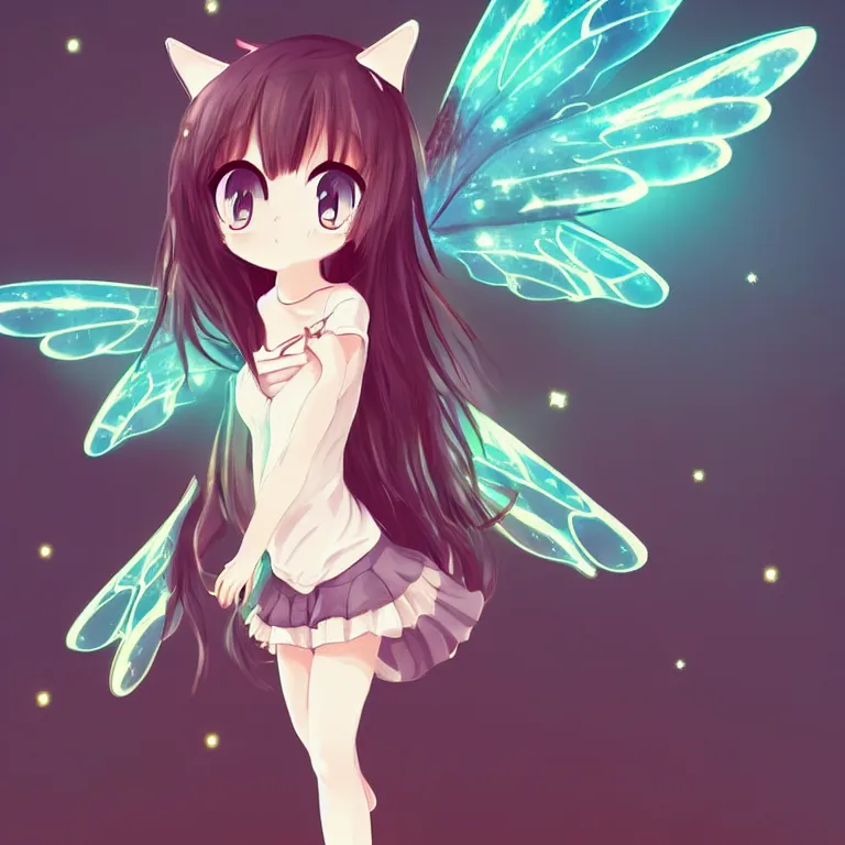 Image similar to cute, full body, female, anime style, a cat girl with fairy wings, large eyes, beautiful lighting, sharp focus, simple background, creative, heart effects, filters applied, illustration