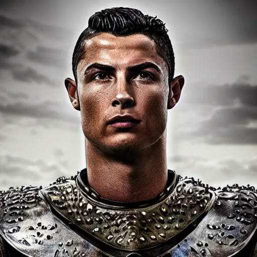 Image similar to portrait of cristano ronaldo wearing heavy shiny armor with no helmet, gladiator style, clouded, detailed, intricate, realistic, hdr, 8 k