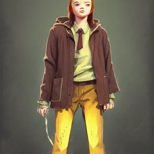 Image similar to a highly detailed epic cinematic concept art CG render digital painting artwork costume design: a teenage Sadie Sink in a 1950s man's coat and hoodie. muted colors with some yellow accents. By Greg Rutkowski, Ilya Kuvshinov, WLOP, Stanley Artgerm Lau, Ruan Jia and Fenghua Zhong, trending on ArtStation, made in Maya, Blender and Photoshop, octane render, excellent composition, cinematic atmosphere, dynamic dramatic cinematic lighting, aesthetic, very inspirational, arthouse