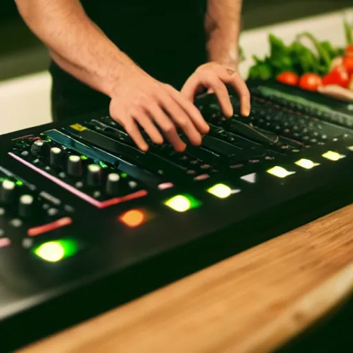 Prompt: film still of bipedal fresh produce making beats on an mpc