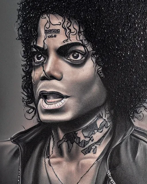 Prompt: tattoo sketch of black 1 9 7 0 s michael jackson as a raper, gangsta with face and body tattoos, piercings, afro curls, hyper realistic face, in the style of greg rutkowski, fantasy, amazing detail, epic, elegant, smooth, sharp focus