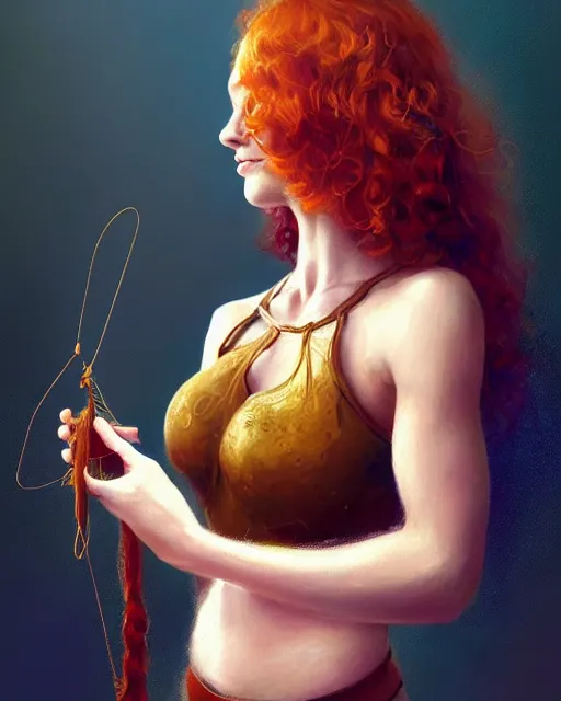 Prompt: female seamstress sewing, perfect face, magic, halter top, ginger hair, abs, cinematic, freckles, stunning, adorable, cute, athletic, strong, agile, highly detailed, psychedelic, digital painting, artstation, smooth, hard focus, illustration, art by jessica rossier and and brian froud