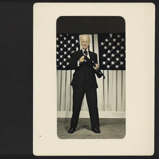 Image similar to stereoscopic card photograph of a live joe biden holding a gun