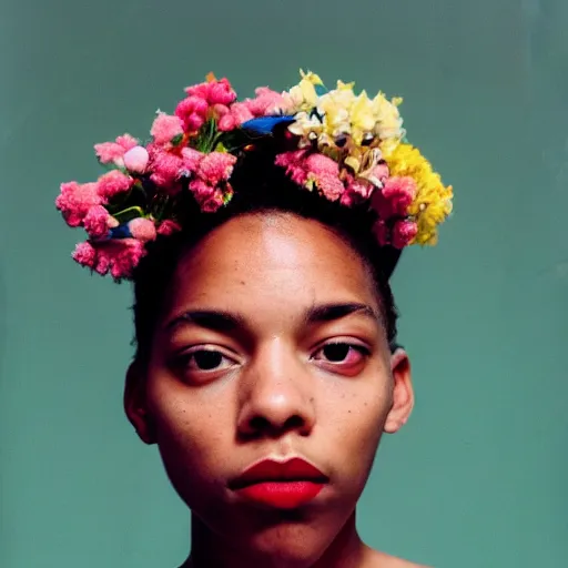 Image similar to extra close-up, color film photography, portrait of a beautiful woman with flowers on her head, in style of Tyler Mitchell, 35mm, film photo
