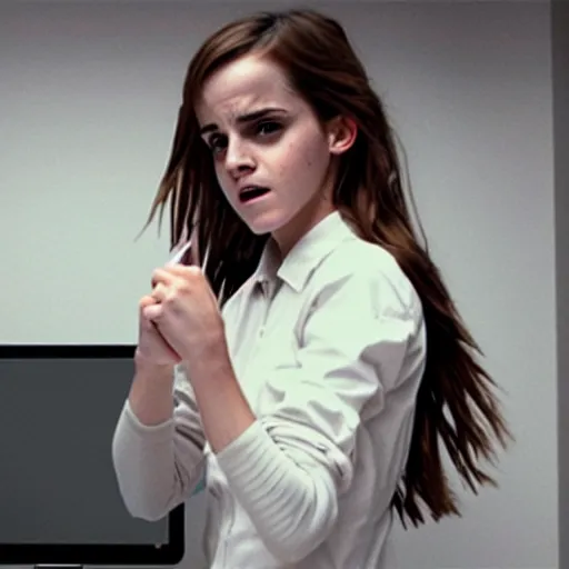 Image similar to emma watson angrily smashing a computer. photo.