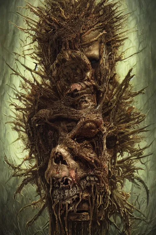 Image similar to very complex hyper-maximalist overdetailed cinematic darkfantasy portrait of a rotting bog mummy by andrei riabovitchev, tomasz alen kopera, oleksandra shchaslyva. Omnious intricate, octane, Deviantart, hyper detailed illustration, 8k