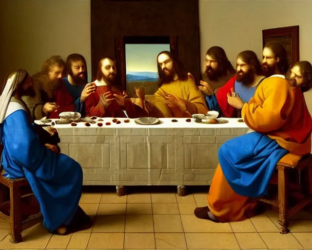 Image similar to beautiful glorious realistic oil painting of the last supper, baroque style by vermeer, highly detailed and photorealistic, 8 k high detail and intricate