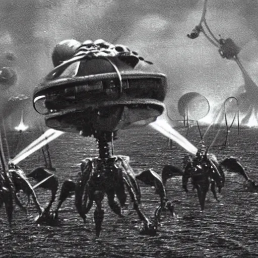 Image similar to close up of the martians attacking thunderchild from war of the worlds, cinematographic shot,