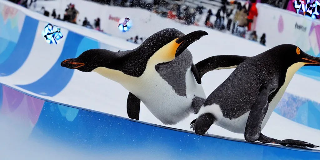 Prompt: ultrawide angle, high speed sporting photography of a penguin on a snowboard in the halfpipe winning the olympic medal, extremely detailed, 8 l