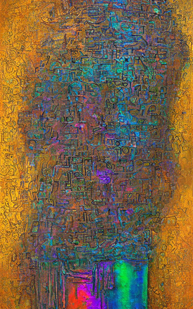 Image similar to ancient sarcophagus made of iridescent metal strange glyphs, award winning oil painting, midnight color palette