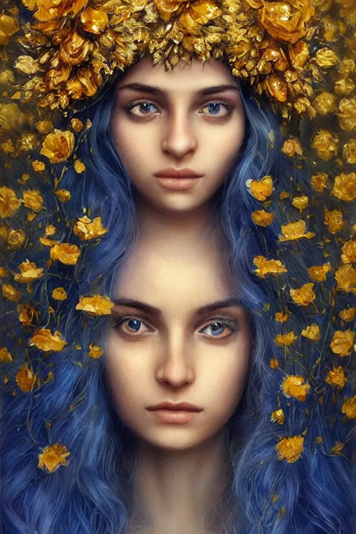 Image similar to a pale Persian girl with golden hair, floral crown, sad blue eyes, cinematic lighting, ultra detailed, highly detailed, sharp focus, golden background with flowers, golden jewellery with blue sapphires, photographic, art by artgerm and greg rutkowski and zdislav beksinski