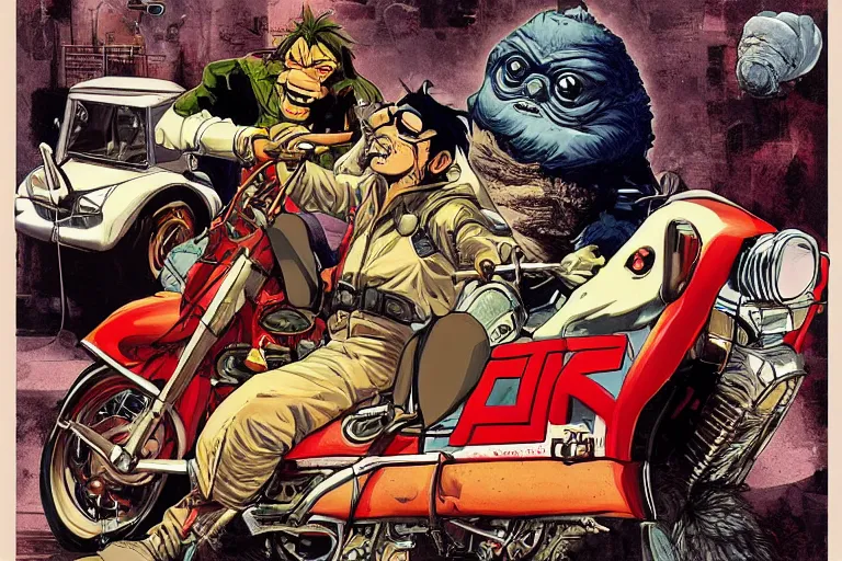 Image similar to pizza the hut, akira's motorcycle, gorillaz, poster, high quality