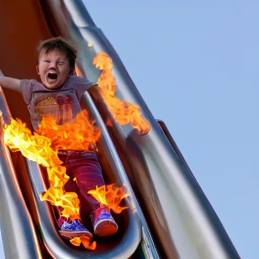 Image similar to chrome metal slide on fire, terrified child on the slide