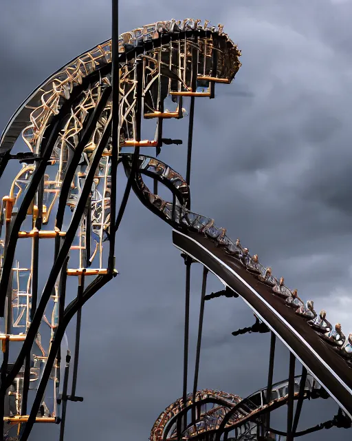 Image similar to a high definition photograph of a roller coaster track that goes up into the dark clouds