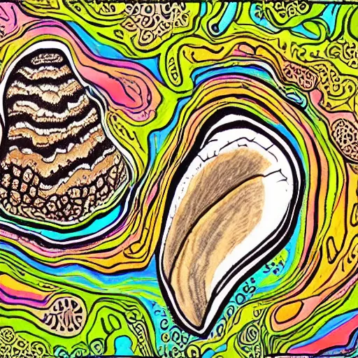 Prompt: detailed drawing of a white oyster mushroom fruiting from a tree trunk, psychedelic colors, tye dye