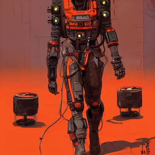 Image similar to cyberpunk mechanic dude with robotic calves. orange and black color scheme. concept art by james gurney and mœbius. apex legends character art