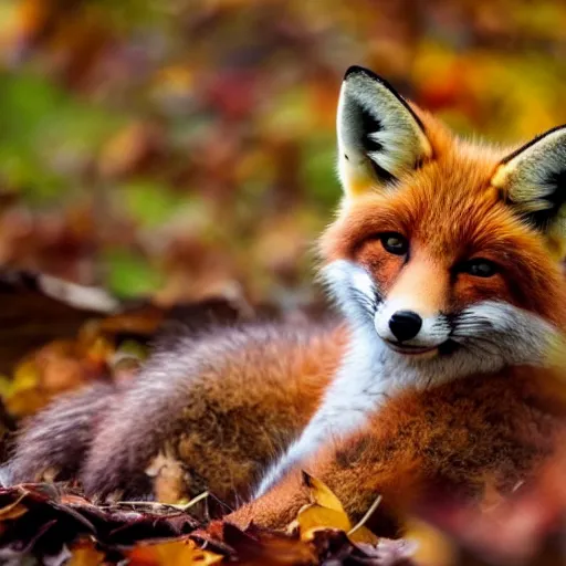 Prompt: a stunning close-up photo of a cute fox curled up on the forest floor lying on autumn leaves in a fall forest