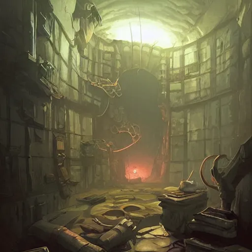 Prompt: A room inside of a sewer lair its neat and clean has a stack on comics on the floor and a sword rack over the bed, digital art from artstation by Andreas Rocha and Greg Rutkowski and Peter Mohrbacher