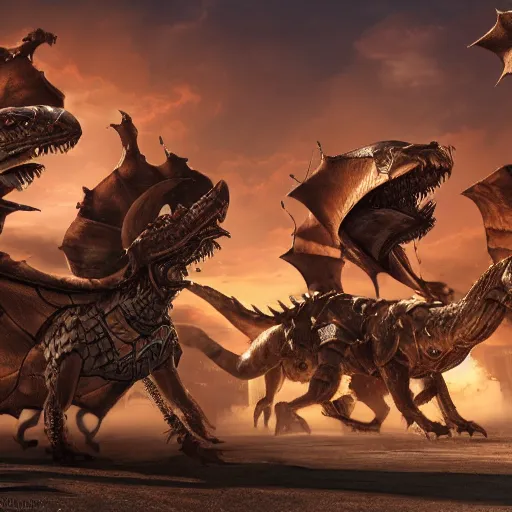 Prompt: warriors on wyverns with steampunk armor flying in a street, warm lighting, destroyed OulanBator, sand, postapocalyptic, photorealism 8k , high details, neat