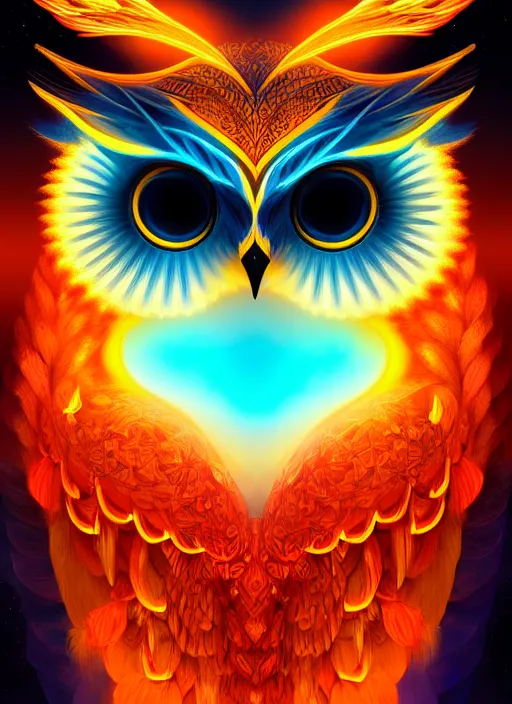 Image similar to symmetry!! product render poster vivid colors divine proportion owl, flame, glowing fog intricate, elegant, highly detailed, digital painting, artstation, concept art, smooth, sharp focus, illustration,