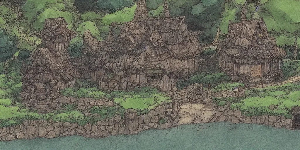 Image similar to a still of a background from spirited away of hobbiton, studio ghibli