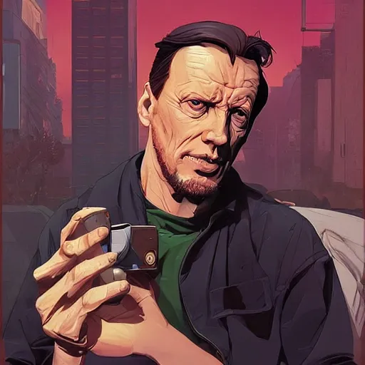 Image similar to james woods in videodrome stylize, art gta 5 cover, official fanart behance hd artstation by jesper ejsing, by rhads, makoto shinkai and lois van baarle, ilya kuvshinov, ossdraws, borderlands and by feng zhu and loish and laurie greasley, victo ngai, andreas rocha, john harris