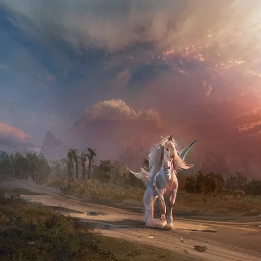 Image similar to a iridescent unicorn is injured, footsteps of blood follows behind it, toxic glowing smog in the sky, ultra realistic, concept art, intricate details, highly detailed, photorealistic, octane render, 8 k, art by artgerm and greg rutkowski and alphonse mucha