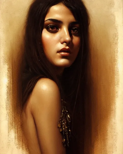 Image similar to a highly realistic, true to life portrait of a beautiful young middle eastern girl, sharp focus, from the waist up, under studio lighting, taken with a canon eos camera with 1 3 5 mm focal length, art by karol bak, james jean, tom bagshaw, trending on artstation,