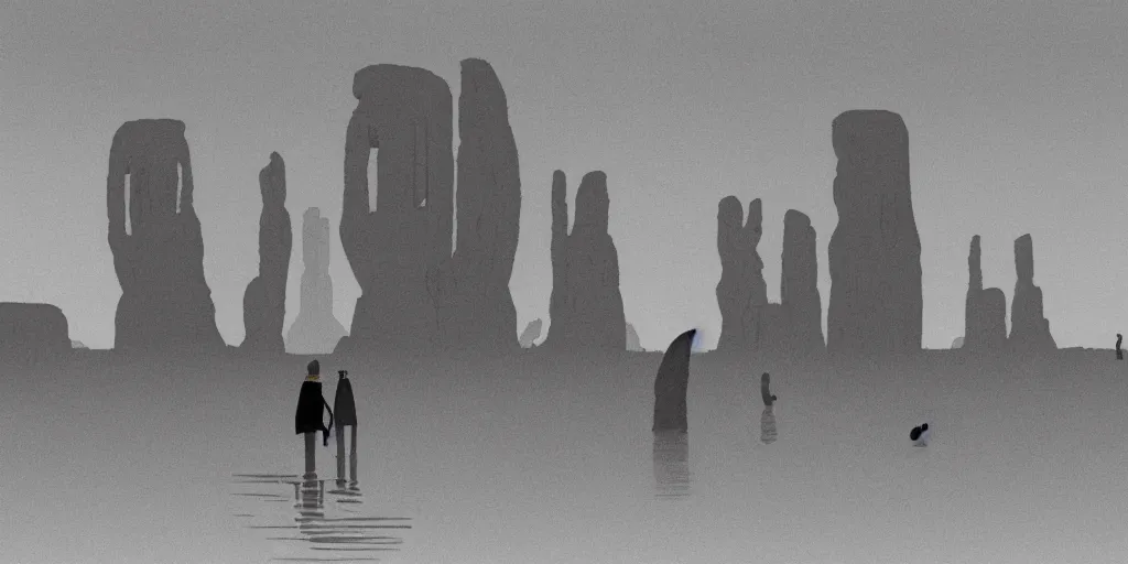 Image similar to a realistic cell - shaded studio ghibli concept art from paprika ( 2 0 0 6 ) of a hairless ape from close encounters of the third kind ( 1 9 7 7 ) in a flooded monument valley stonehenge. very dull colors, wide shot, hd, 4 k, hq