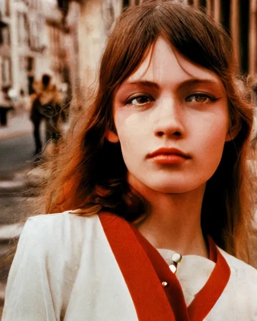 Image similar to photography from 7 0 s, close - up portrait of young fashion model face, soft light, golden hour, in style of street photography from 1 9 7 0