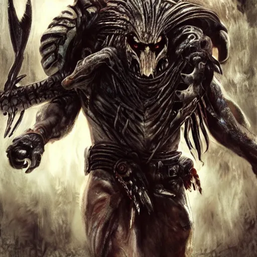 Prompt: predator from movie holding human skull, full body picture, wide angle view, hyperrealistic, concept art, artstasion, deep depth of field