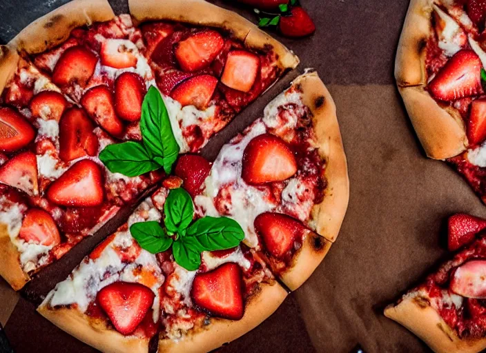 Prompt: mouthwatering New York pizza with strawberries on, food photography