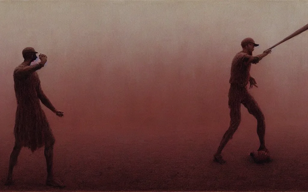 Image similar to painting of a man playing baseball with eldritch beings, by Zdzislaw Beksinski, gothic, amazing details, cold hue's, warm tone gradient background