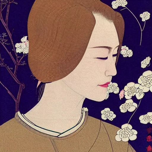 Image similar to “ evan rachel wood portrait by ikenaga yasunari and ayana otake and ko rakusui, 6 0 s poster, drawing, realistic, sharp focus, japanese, dreamy, nostalgia, faded, golden hues, floral clothes, porcelain skin ”