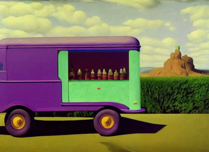 Image similar to a purple and green ice cream van that sells snake oil instead of ice cream, snake oil salesman selling little brown bottles of medicine, snake van, painting by René Magritte, Edward Hopper, 3D rendered