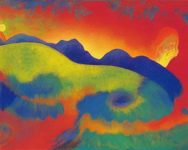 Image similar to An insane, modernist landscape painting. Wild energy patterns rippling in all directions. Curves, organic, zig-zags. Mountains, clouds. Rushing water. Waves. Psychedelic dream world. Odilon Redon. Peter Max.