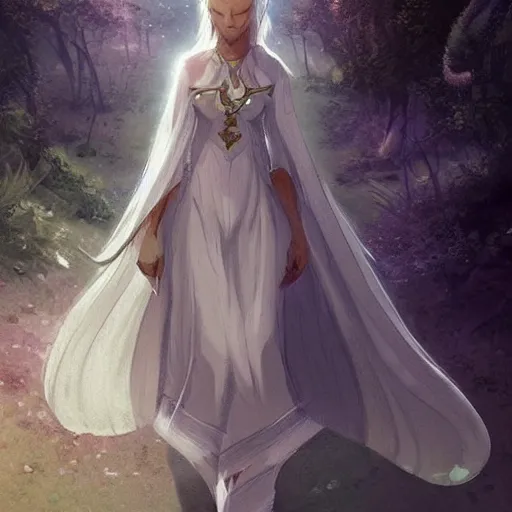 Image similar to infinitely detailed concept art of angel elegantly clothed strolling through a peaceful path, artstation!! / pixiv!!! infinitely detailed