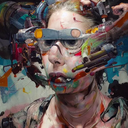 Image similar to grinning woman in a vr headset, dynamic energic pose, cyberpunk in the style of adrian ghenie, esao andrews, jenny saville, surrealism, dark art by james jean, takato yamamoto